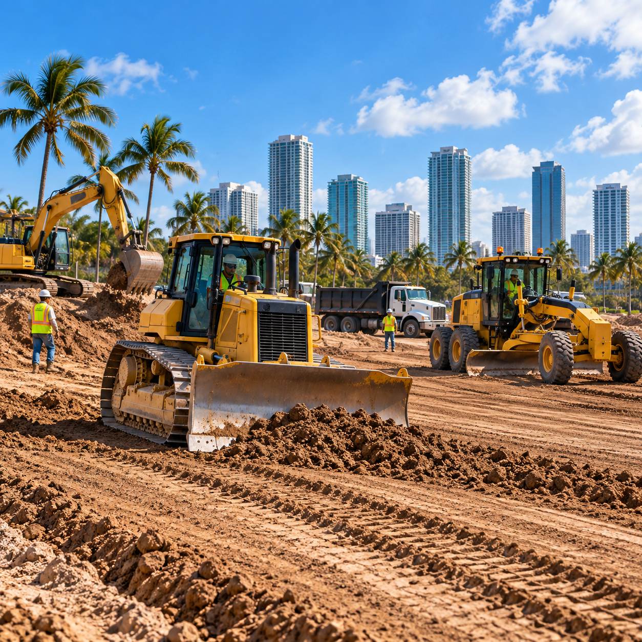 PEC excavator loading fill into a dump truck on a Miami-Dade site development project.